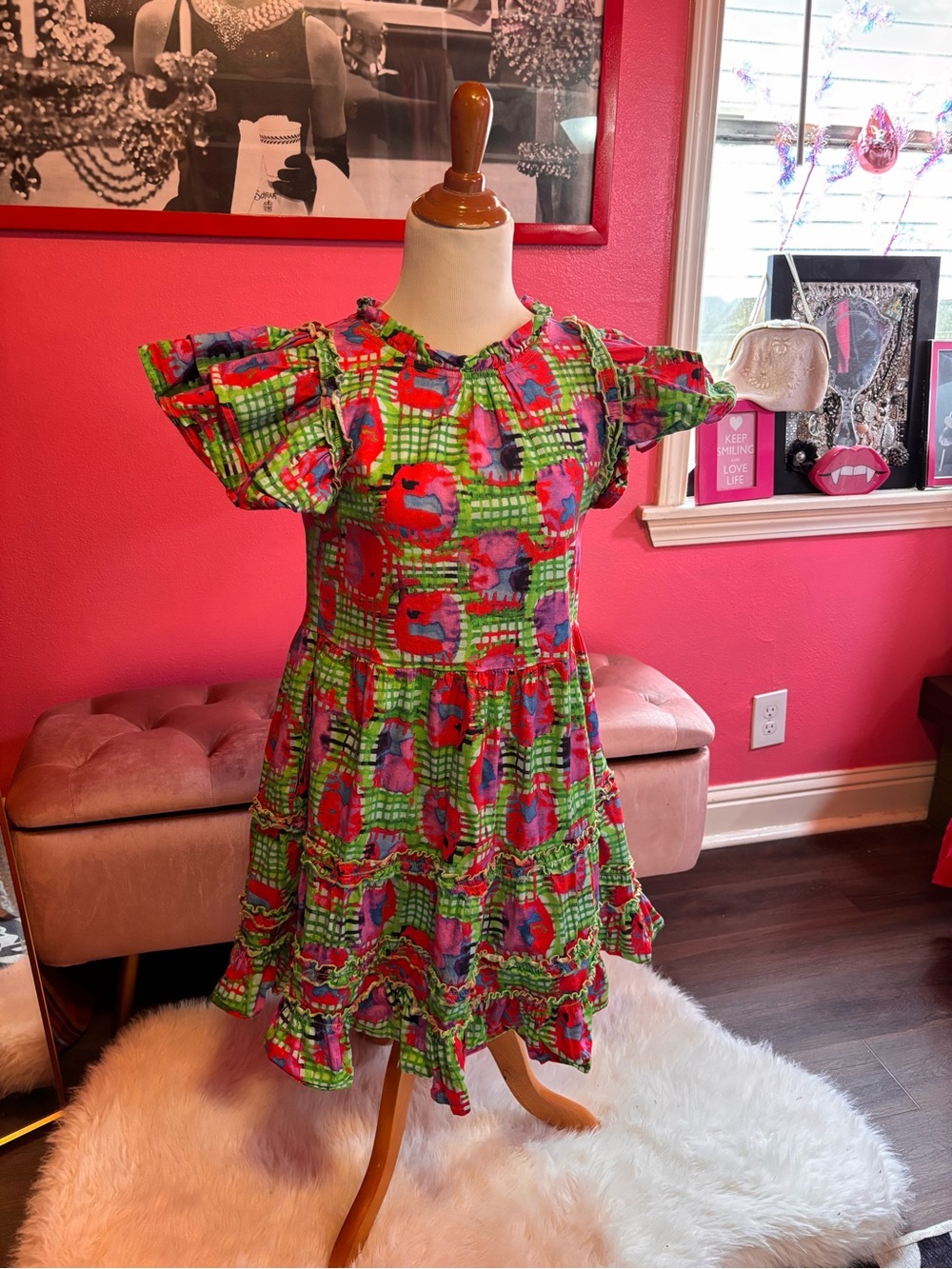 Briton Court Bright Green Floral Ruffle Mini Dress with Pink Accents Medium